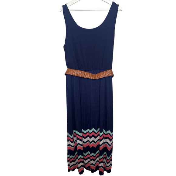 J for Justify Navy Blue Plus 2X Maxi Dress Sleeveless Chevron Hem Belted - Picture 2 of 12
